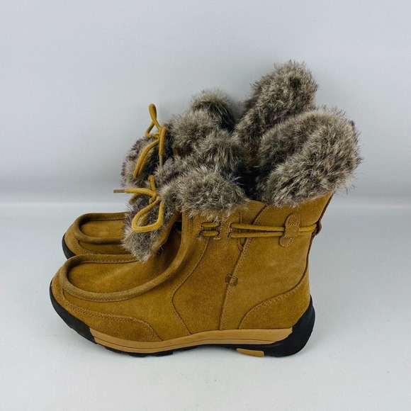 Womens 7B Land's End Winter Ankle Boots Tan Suede‎ Leather Faux Fur Moc Toe - Picture 5 of 9